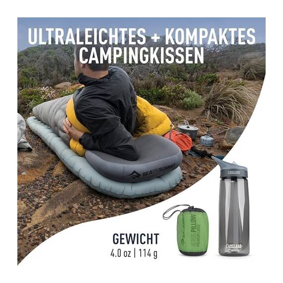 Sea to Summit - Aeros Ultralight Deluxe Reisekissen L - Leicht zum Aufblasen - rutschfest - Ultra-SIL Reißverschluss-Tasche - Camping & Fahrradtouren - 42 x 30 x 13cm - Lime Green - 114g