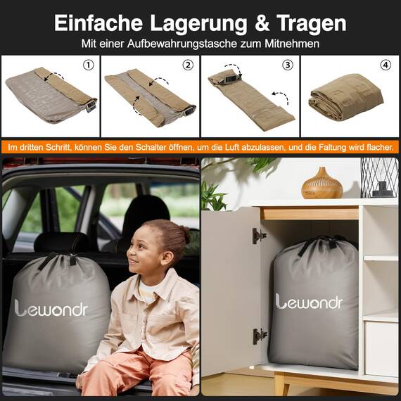 Lewondr Luftbett 2 Personen mit Eingebauter Pumpe, 203x152x33CM Aufblasbare Matratze mit Kissen, 3 Min Luftmatratze Selbstaufblasend Luftbett für Camping Haus Gäste Reisen(250kg MAX), Khaki