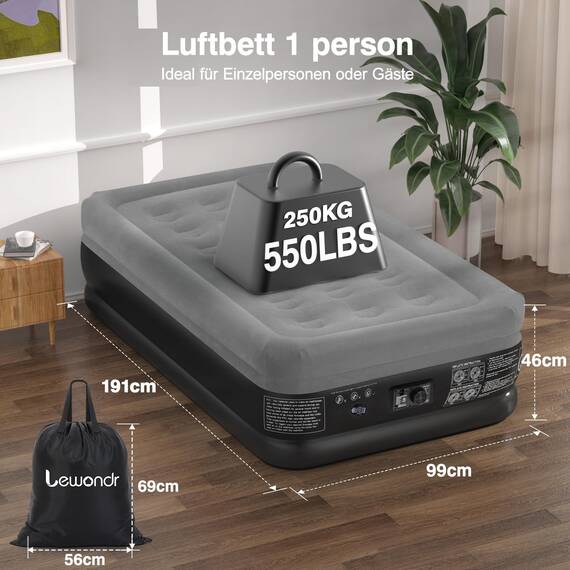Lewondr Luftbett 1 Person mit Eingebauter Pumpe, 191x99x46CM Komfort Aufblasbare Matratze, 2 Min Luftmatratze Selbstaufblasend Luftbett für Camping Haus Gäste Reisen(250kg MAX), Grau