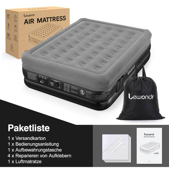 Lewondr Luftbett 2 Personen mit Eingebauter Pumpe, 203x152x46CM Komfort Aufblasbare Matratze, 3 Min Luftmatratze Selbstaufblasend Luftbett für Camping Haus Gäste Reisen(300kg MAX), Grau