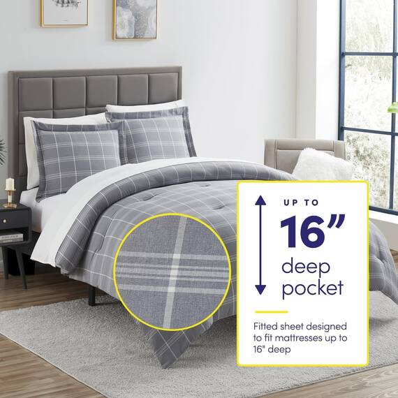 Bettdecken-Set, 5-teilige Kollektion, 1 Bettdecke, 1 Spannbetttuch, 1 Bettlaken, 2 Kissenbezüge, Tiefe Tasche, weich, hochwertig, ideal für alle Jahreszeiten, Graue Karos, Doppelbetten-Größe XL