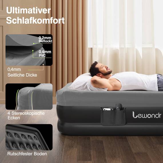Lewondr Luftbett 2 Personen mit Eingebauter Pumpe, 203x152x46CM Komfort Aufblasbare Matratze, 3 Min Luftmatratze Selbstaufblasend Luftbett für Camping Haus Gäste Reisen(300kg MAX), Grau