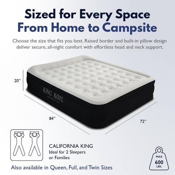 King Koil Premium-California Size-Luftmatratze, eingebauter Hochgeschwindigkeitspumpe, für Zuhause, Camping, Gäste, 50,8 cm doppelt hohes Luftbett, verstellbare aufblasbare Matratze, wasserdicht