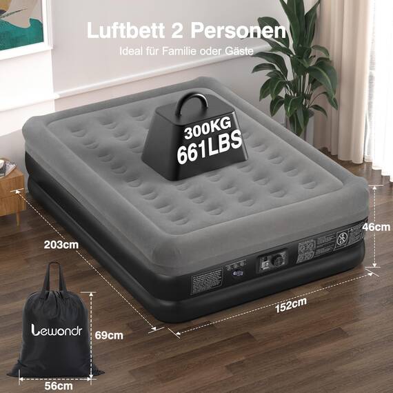 Lewondr Luftbett 2 Personen mit Eingebauter Pumpe, 203x152x46CM Komfort Aufblasbare Matratze, 3 Min Luftmatratze Selbstaufblasend Luftbett für Camping Haus Gäste Reisen(300kg MAX), Grau
