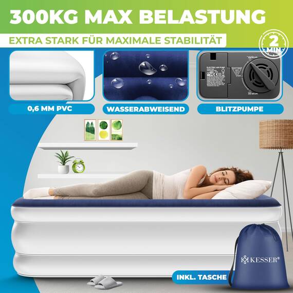 KESSER® Aufblasbare Matratze Luftbett Selbstaufblasend Gästebett mit eingebauter elektrischer Pumpe, Luftmatratze für Camping oder Heimgebrauch Mit Tasche, geeignet für 1 Person - 203 x 95 x 51cm