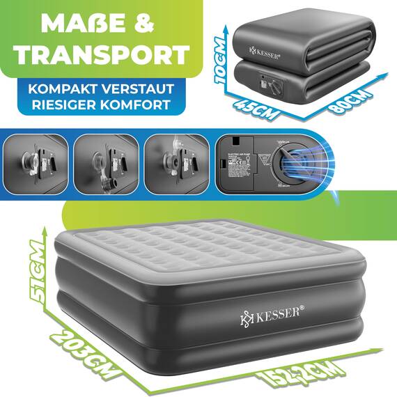 KESSER® Aufblasbare Matratze Luftbett Selbstaufblasend Gästebett mit eingebauter elektrischer Pumpe, Luftmatratze für Camping oder Heimgebrauch Mit Tasche, geeignet für 2 Person - 203 x 152,5 x 51cm