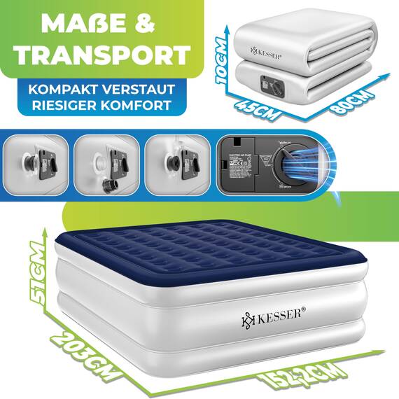 KESSER® Aufblasbare Matratze Luftbett Selbstaufblasend Gästebett mit eingebauter elektrischer Pumpe, Luftmatratze für Camping oder Heimgebrauch Mit Tasche, geeignet für 2 Person - 203 x 152,5 x 51cm