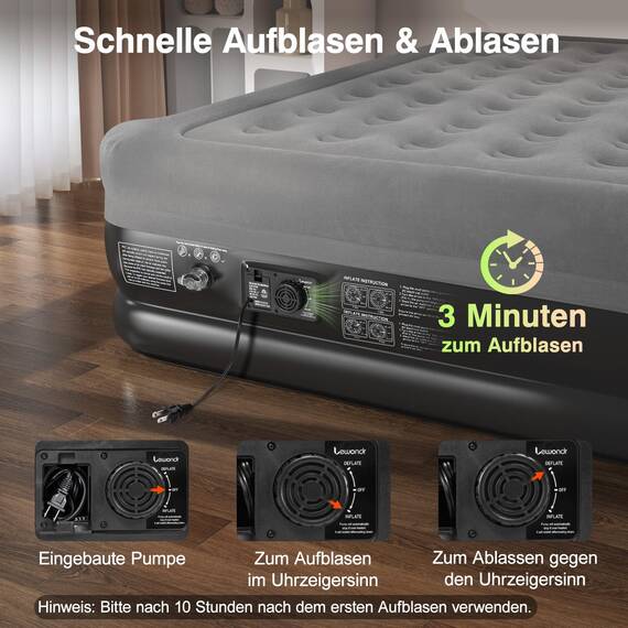 Lewondr Luftbett 2 Personen mit Eingebauter Pumpe, 203x152x46CM Komfort Aufblasbare Matratze, 3 Min Luftmatratze Selbstaufblasend Luftbett für Camping Haus Gäste Reisen(300kg MAX), Grau