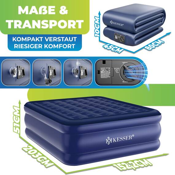 KESSER® Aufblasbare Matratze Luftbett Selbstaufblasend Gästebett mit eingebauter elektrischer Pumpe, Luftmatratze für Camping oder Heimgebrauch Mit Tasche, geeignet für 2 Person - 203 x 152,5 x 51cm
