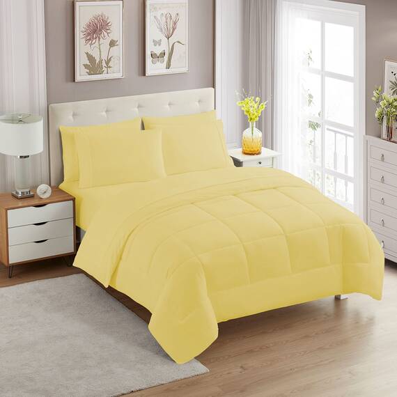 Sweet Home Collection 7-teiliges Bettwäscheset mit Tasche, einfarbig, für alle Jahreszeiten, weiche Daunen-Alternativdecke und luxuriöse Mikrofaser-Bettlaken, gelb, King-Size-Bett