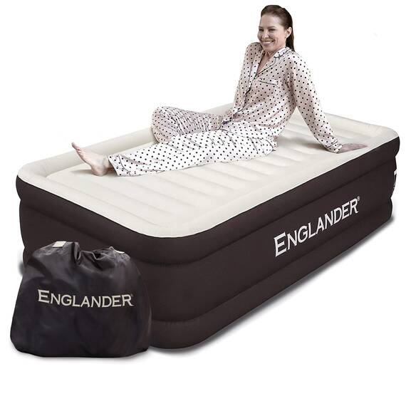 Englander Doppel-Luftmatratze mit eingebauter Pumpe – doppelt hoch, 136 kg Tragfähigkeit – luxuriöse Größe Campingmatratze – aufblasbares Bodenbett für Zuhause – Mikrofaser, wasserdichte Luftmatratze