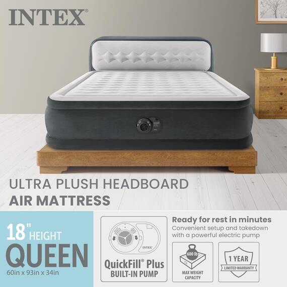 Intex 64447ED Dura Beam Elevated Fiber Tech Soft Air Mattress Bed with Built in Pump, Ultra Plush Headboard, and Portable Storage Carrying Case, Queen