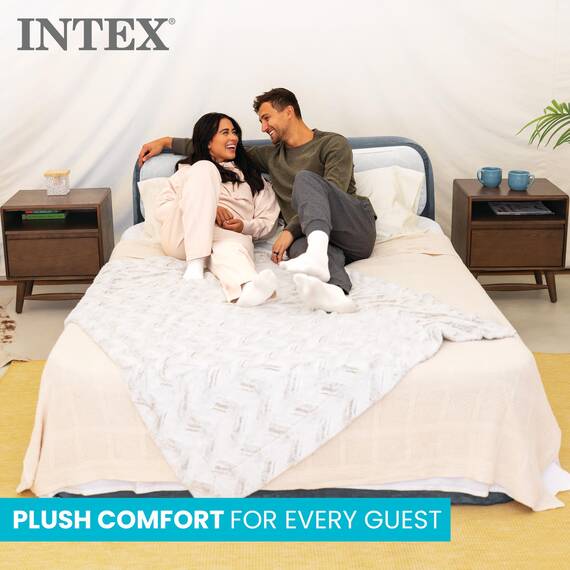 Intex 64447ED Dura Beam Elevated Fiber Tech Soft Air Mattress Bed with Built in Pump, Ultra Plush Headboard, and Portable Storage Carrying Case, Queen