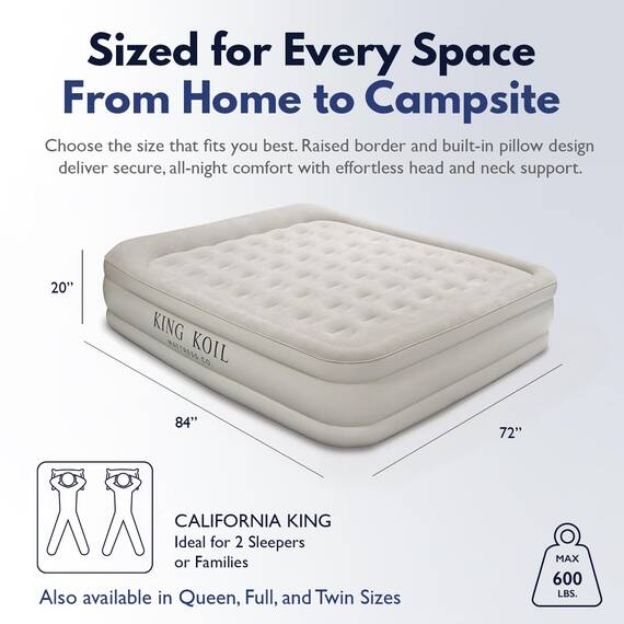 King Koil Luxuriöse California King Luftmatratze mit integrierter Pumpe für Zuhause, Camping und Gäste – 50,8 cm große aufblasbare Luftmatratze für Doppelbett, hoch verstellbar, langlebig,