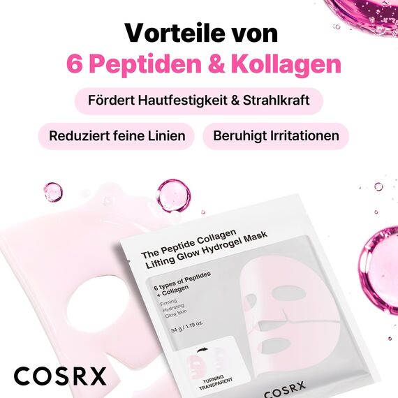COSRX Pink Peptide Collagen Lifting Glow Hydrogel Gesichtsmasken Hautpflege 3 Stück, Kollagen Gesichtsmaske, Reise-Essentials, Overnight Gesichtsmaske für straffende Pflege, Korean Skincare