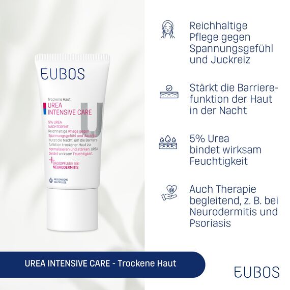Eubos | 5% UREA Nachtcreme | 50ml| für trockene Haut | Hautvertäglichkeit dermatologisch bestätigt | Verbesserung Hydratationsfähigkeit der Haut | Spezial-Pflegecreme