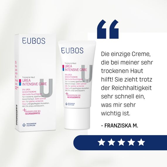 Eubos | 5% UREA Nachtcreme | 50ml| für trockene Haut | Hautvertäglichkeit dermatologisch bestätigt | Verbesserung Hydratationsfähigkeit der Haut | Spezial-Pflegecreme
