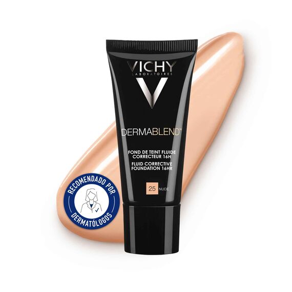VICHY Teint-korrigierende, flüssige Foundation für normale bis unreine Haut, Deckt Rötungen und Unreinheiten ab, Ebenmäßiger Teint, Nicht komedogen, LSF35, Dermablend, Nude 25, 30 ml