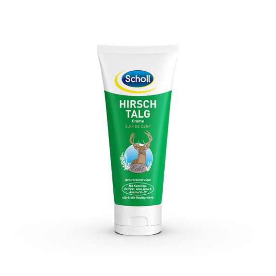 Scholl Hirschtalgcreme 100 ml - Fußcreme gegen Hornhaut und Feuchtigkeitscreme für Hände und Füße, Fußpflege für trockene Haut mit Kamille, Aloe Vera und Rosmarinöl, Hautglättend, PH-Hautneutral