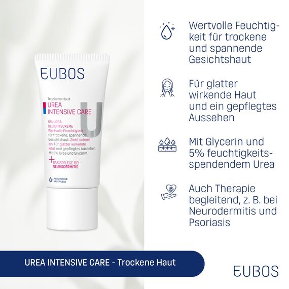 Eubos | 5% UREA Nachtcreme | 50ml| für trockene Haut | Hautvertäglichkeit dermatologisch bestätigt | Verbesserung Hydratationsfähigkeit der Haut | Spezial-Pflegecreme