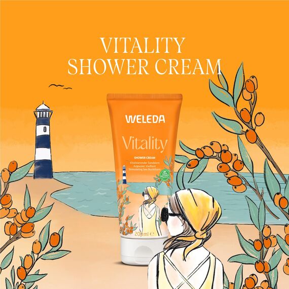 WELEDA Bio Vitality Duschgel vegan - Naturkosmetik Sanddorn Duschseife für Frauen & Männer mit Grapefruit / Sandelholz Duft, Natürliche Hautpflege Dusche zur Reinigung von Gesicht & Körper (1x 200ml)