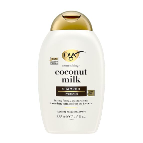 OGX Coconut Milk Shampoo 385 ml, feuchtigkeitsspendendes Haarshampoo mit Rizinusöl und Kokosöl für geschmeidiges, glattes und glänzendes Haar mit LipiPro Shield Technologie