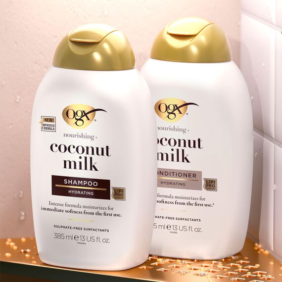 OGX Coconut Milk Conditioner 385 ml, feuchtigkeitsspendende Haarspülung mit Rizinusöl und Kokosöl für geschmeidiges, glattes und glänzendes Haar mit LipiPro Shield Technologie
