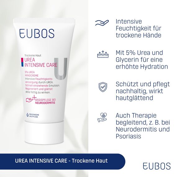 Eubos 5% UREA Handcreme für trockene Haut Hautvertäglichkeit dermatologisch bestätigt, Verbesserung Hydratationsfähigkeit der Haut, Spezial-Pflegecreme, 75 ml