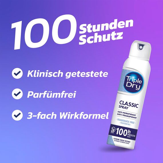 Triple Dry Anti-Transpirant Spray | Deo-Spray gegen starkes Schwitzen | Antibakterielles Deodorant für 100h Schutz | Parfümfreies Antiperspirant | 150ml