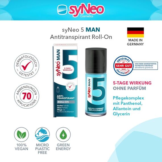 syNeo 5 MAN Antitranspirant Deo Roll-On – 5-Tage-Wirkung – extra starker Schutz gegen Schwitzen, Schweiß & Geruch – Deoroller für Achseln – ohne Parfum – dermatologisch getestet – für Herren – 50 ml