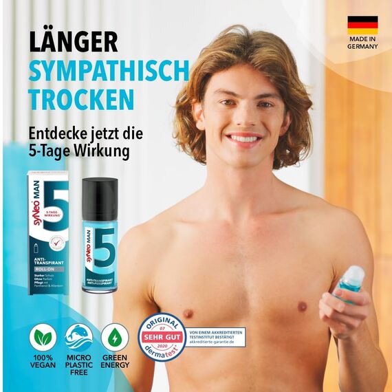 syNeo 5 MAN Antitranspirant Deo Roll-On – 5-Tage-Wirkung – extra starker Schutz gegen Schwitzen, Schweiß & Geruch – Deoroller für Achseln – ohne Parfum – dermatologisch getestet – für Herren – 50 ml