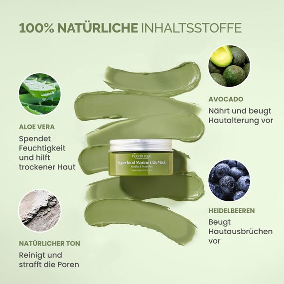 PLANTIFIQUE Koreanische Gesichtsmaske mit Avocado, Fango & Superfoods 100g - Tonerde Maske Körper und Gesicht Anti Pickel Poren Mitesserentferner - Korean Clay Face & Body Mask