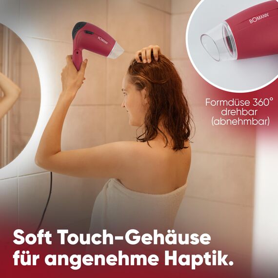Bomann® Haartrockner klappbar | 1200W Reisehaartrockner | 2 Stufen | inkl. Diffusor und Tasche | Spannungsversorgung umschaltbar 110/230V | Raartrockner klein | Hair Dryer HTD 8005 CB rot