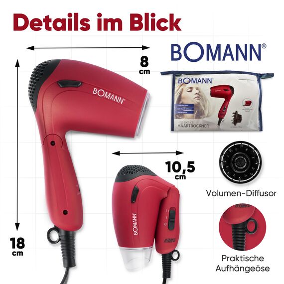 Bomann® Haartrockner klappbar | 1200W Reisehaartrockner | 2 Stufen | inkl. Diffusor und Tasche | Spannungsversorgung umschaltbar 110/230V | Raartrockner klein | Hair Dryer HTD 8005 CB rot