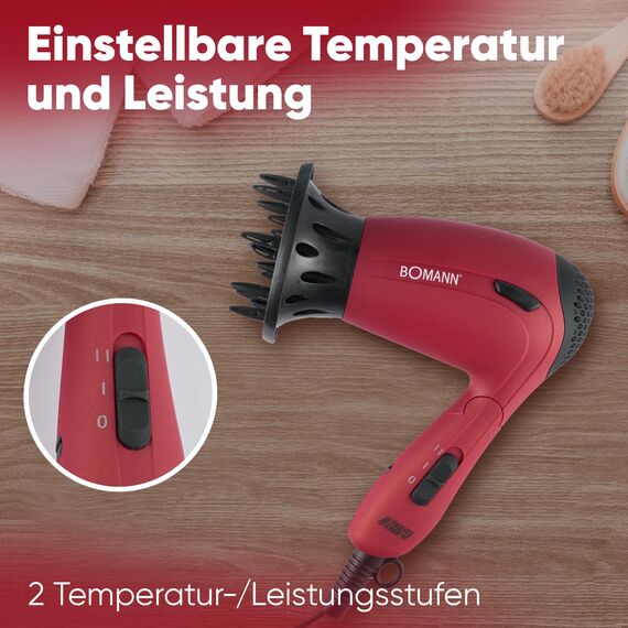 Bomann® Haartrockner klappbar | 1200W Reisehaartrockner | 2 Stufen | inkl. Diffusor und Tasche | Spannungsversorgung umschaltbar 110/230V | Raartrockner klein | Hair Dryer HTD 8005 CB rot