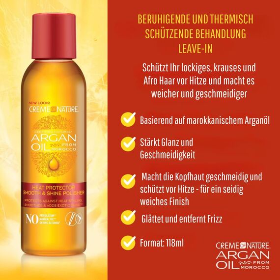 Creme Of Nature Argan Oil Heat Protector Hitzeschutz, Feuchtigkeitsspendend und Glanzgebend mit Arganöl, Pflege für alle Haartypen - 118 ml