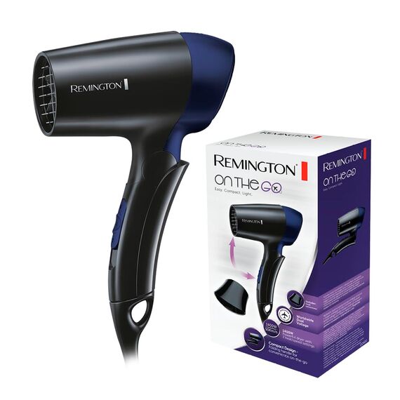 Remington Haartrockner [extrem klein & klappbar] On The Go (1400 W, weltweite Spannungsanpassung 120/220-240V, Stylingdüse, 2 kombinierte Heiz- & Gebläsestufen) Reisehaartrockner D2400