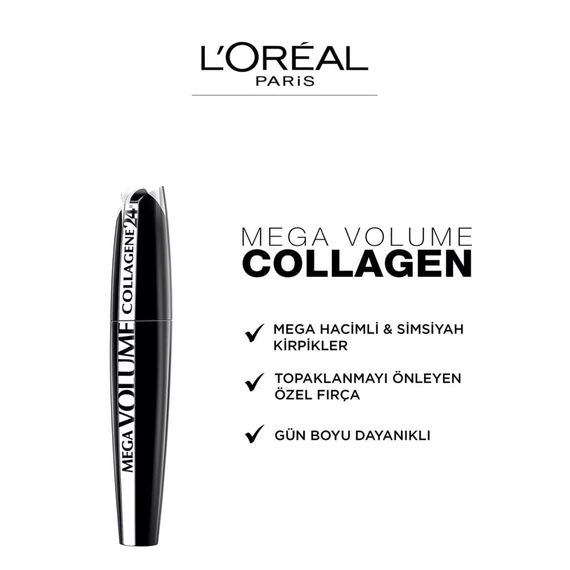 L'Oréal Paris Mega Volume Collagene 24h Mascara, schwarz - Wimperntusche für mega voluminöse Wimpern - 1er Pack (1 x 9 ml)