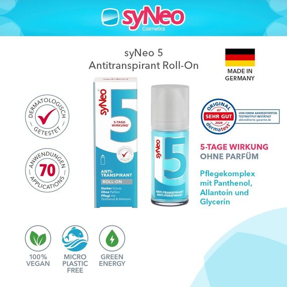 syNeo 5 Antitranspirant Deo Roll-On – 5-Tage-Wirkung – gegen starkes Schwitzen, Schweiß & Geruch – Deoroller für Achseln – dermatologisch getestet – für Damen & Herren – Made in Germany – 50 ml