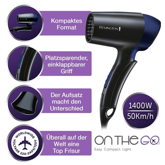 Remington Haartrockner [extrem klein & klappbar] On The Go (1400 W, weltweite Spannungsanpassung 120/220-240V, Stylingdüse, 2 kombinierte Heiz- & Gebläsestufen) Reisehaartrockner D2400