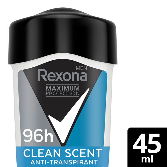 Rexona Men Maximum Protection Anti Transpirant Deo Creme Clean Scent Deodorant mit 96 Stunden Schutz gegen starkes Schwitzen und Geruch mit 3x Schutz bei Stress, Hitze & Bewegung 45 ml