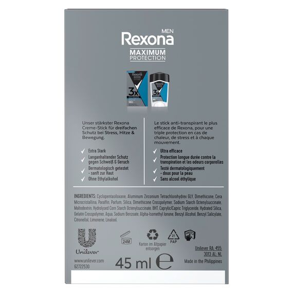 Rexona Men Maximum Protection Anti Transpirant Deo Creme Clean Scent Deodorant mit 96 Stunden Schutz gegen starkes Schwitzen und Geruch mit 3x Schutz bei Stress, Hitze & Bewegung 45 ml