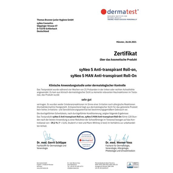 syNeo 5 Antitranspirant Deo Roll-On – 5-Tage-Wirkung – gegen starkes Schwitzen, Schweiß & Geruch – Deoroller für Achseln – dermatologisch getestet – für Damen & Herren – Made in Germany – 50 ml