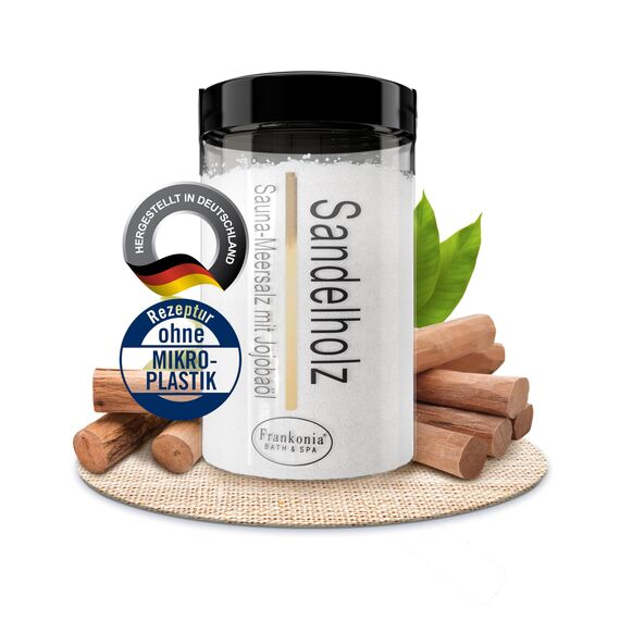 Frankonia BATH & SPA Sauna Salz Peeling Sandelholz – 400 g Meersalz-Körperpeeling mit Jojobaöl & Vitamin E – Dusch- & Body Scrub für alle Hauttypen – Vegan & ohne Parabene