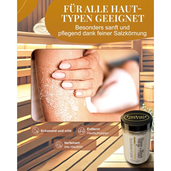 Frankonia BATH & SPA Sauna Salz Peeling Mango Pfirsich – 400 g Meersalz-Körperpeeling mit Jojobaöl & Vitamin E – Dusch- & Body Scrub für alle Hauttypen – Vegan & ohne Parabene