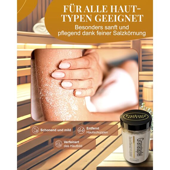 Frankonia BATH & SPA Sauna Salz Peeling Granatapfel – 400 g Meersalz-Körperpeeling mit Jojobaöl & Vitamin E – Dusch- & Body Scrub für alle Hauttypen – Vegan & ohne Parabene – ohne Microplastik
