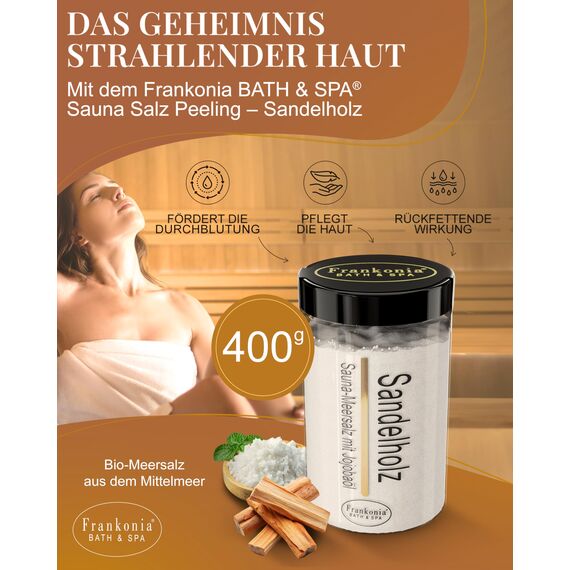 Frankonia BATH & SPA Sauna Salz Peeling Sandelholz – 400 g Meersalz-Körperpeeling mit Jojobaöl & Vitamin E – Dusch- & Body Scrub für alle Hauttypen – Vegan & ohne Parabene