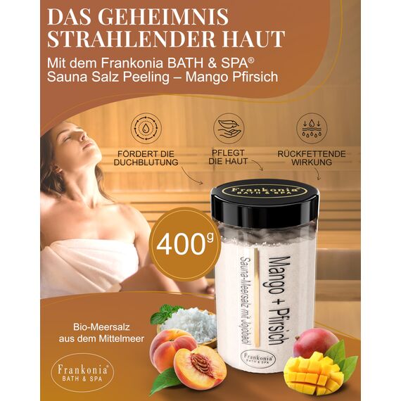 Frankonia BATH & SPA Sauna Salz Peeling Mango Pfirsich – 400 g Meersalz-Körperpeeling mit Jojobaöl & Vitamin E – Dusch- & Body Scrub für alle Hauttypen – Vegan & ohne Parabene