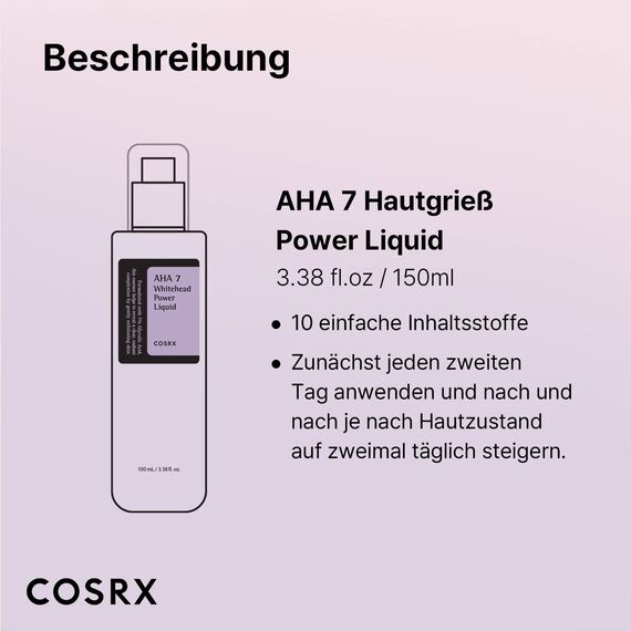 COSRX AHA 7 Whitehead Power Liquid, 100 ml, Whitehead Remover, Glycolsäure 7%, AHA Peeling, Porenminimizer, frei von Tierversuchen, Parabenen, Korean Skincare