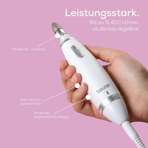 Beurer MP 62 Maniküre-/ Pediküre-Set, elektrische Nagelfeile mit 10 hochwertigen Nagelpflege-Aufsätzen, LED Licht, Nagelfräser mit stufenloser Geschwindigkeitsregelung, mit Aufbewahrungstasche, Weiß